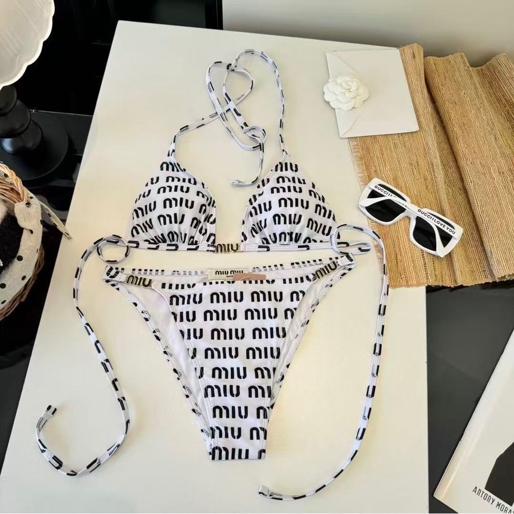 Miu Miu Black Logo Printed White Halter Two-Piece Bikini Swimwear